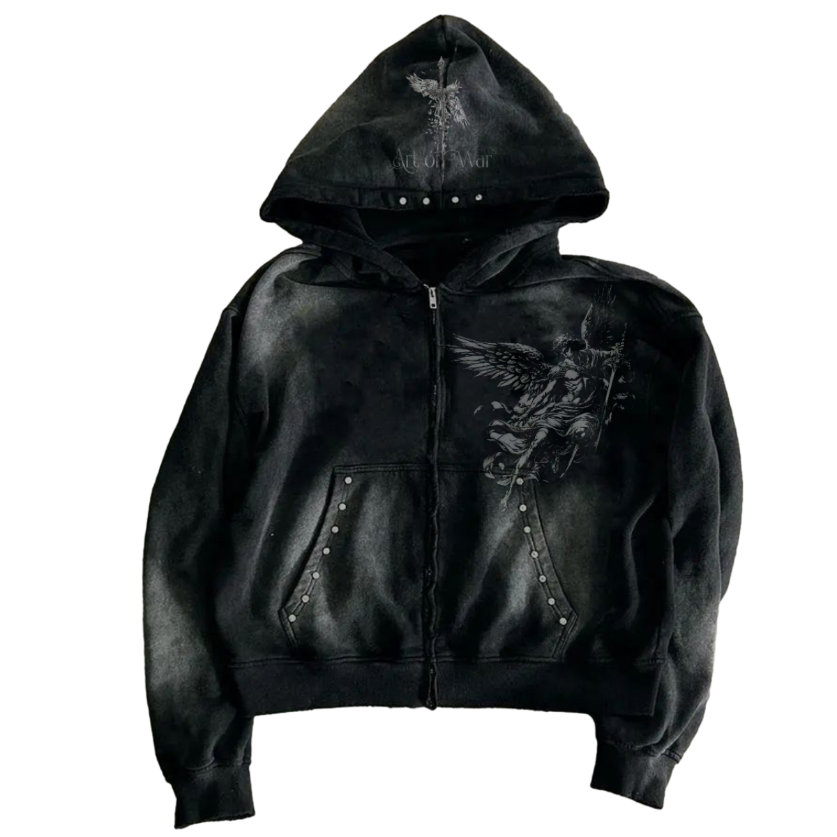 "Art of War" Acid Wash Cropped Rhinestone Hoodie (PRE-ORDER)