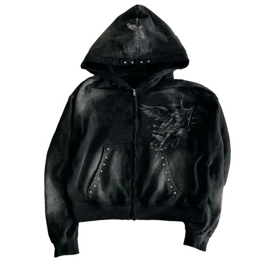 "Art of War" Acid Wash Cropped Rhinestone Hoodie (PRE-ORDER)